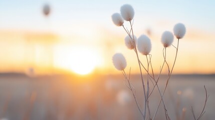 Obraz premium Soft, fluffy plant silhouettes against a vibrant sunset sky create a serene atmosphere, ideal for nature, wellness, and relaxation-themed projects, Captures tranquility and natural beauty,