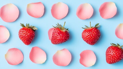 Strawberries & petals arranged on blue. Use Spring/summer themed design background