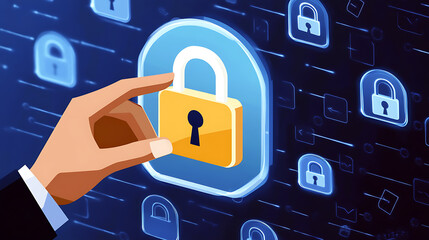 Digital Security Technology Solutions Cyber Data Protection Services Business Strategy Padlock Golden with Hand on Blue Futuristic Background Online Safety