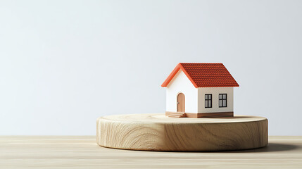 Tiny House Model on Wooden Stand Real Estate Investment Property Concept Minimalist Home Loan Mortgage Future Residence Architecture Project Studio Shot