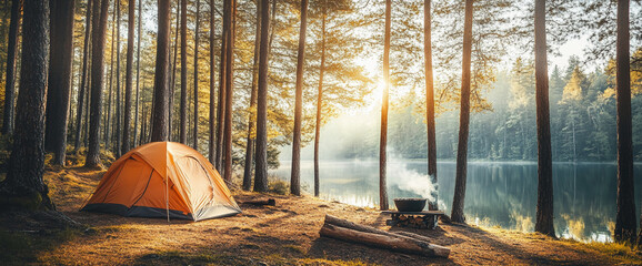 Orange tent pitched in a pine forest by a lake at sunrise, campfire smoke visible, showcasing tranquil nature scene ideal for travel or camping advertisement