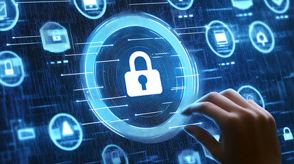 Cybersecurity Protection Digital Data Privacy Business Technology Background with Padlock Hand Touching Secure Interface Innovation Strategy Concept
