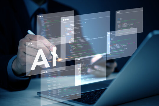 AI artificial intelligence technology and machine learning development programming concept with a businessman innovation writing code data technology on a holographic screen.