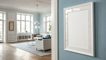 Fototapeta premium A stylish living room featuring a light blue wall, modern decor, and a blank white picture frame, creating a serene and inviting atmosphere.