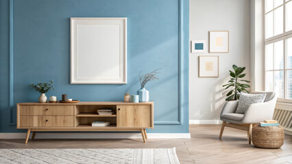 A cozy, modern living room featuring a light wooden cabinet against a blue wall, adorned with minimalist decor and a comfortable armchair.