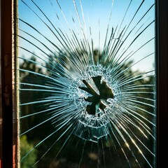 Obraz premium A broken glass window with jagged shards still clinging to the frame