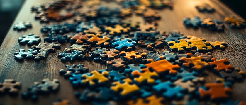 A scattered array of colorful jigsaw puzzle pieces on a wooden table, inviting the challenge of assembly.