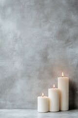 Three elegant candles burn softly against a smooth concrete backdrop, creating a warm and intimate atmosphere perfect for relaxation or inspiration