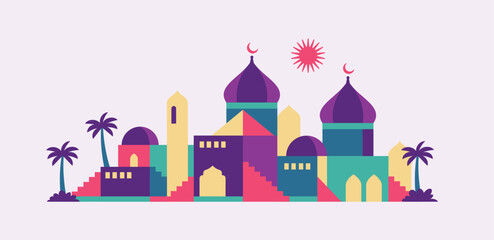 Obraz premium geometric style ramadan kareem background, mosque landscape with bright colored islamic houses, islamic illustration for poster, wallpaper and greeting card