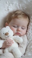 Sleeping infant cuddles a soft teddy bear, wrapped in a cozy knit blanket, creating a serene and comforting atmosphere.