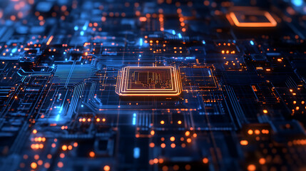 Futuristic Circuit Board Technology Abstract Background High Tech Motherboard Illustration with Orange and Blue Glowing Light Business Innovation