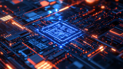 Modern Tech Circuit Board Abstract Background Business Data and Electronic Innovation Concept with Glowing Blue and Orange Lights Network Architecture