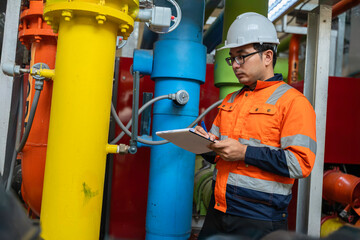 Asian engineer wearing glasses working in the boiler room,maintenance checking technical data of heating system equipment,Thailand people