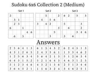 Sudoku Puzzle 6x6 Collection 2 Medium with Answers, Fun Brain Training Game for Kids, Teens and Adults, Vector