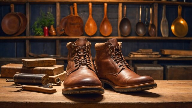 Premium handcrafted leather boots displayed on rustic wooden workbench with vintage tools and wooden utensils hanging in background, highlighting artisanal quality and traditional craftsmanship