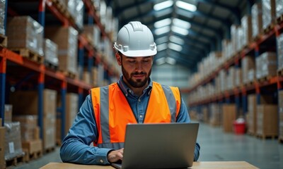 Focused warehouse manager wearing orange safety vest and white hard hat working on laptop in modern distribution center with high shelving racks of boxed inventory in background