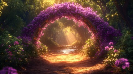 A Beautifully Crafted Sunlit Archway Enveloped in Fragrant Purple Flowers Leading to a Vibrant Forest and Serene Streams