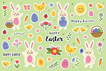 Collection of Easter stickers: bunny, chick, egg and flowers. Cute cartoon style elements. Vector illustration