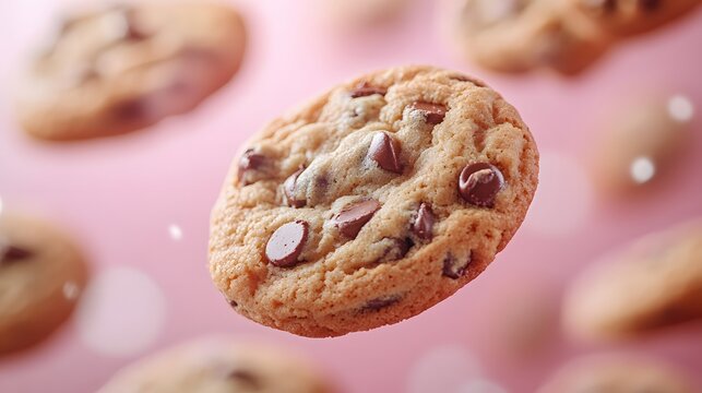 Captivating Image of Magical Chocolate Chip Cookies Hanging in Mid-Air Against a Bold Pink Backdrop, Tempting Every Senses