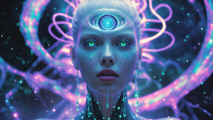 Ethereal figure with glowing features and mystical aura set against a cosmic background
