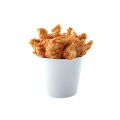 fried chicken in a pure white bucket isolated on a transparent background, in a PNG format