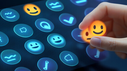 Tech-Driven Feedback Hand Selecting Positive Emoji on Digital Interface Future of Customer Satisfaction Business Technology and Digital Marketing,