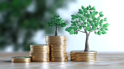 Growth Investment Future Concept Business Finance Wealth Growing Trees on Golden Coin Stacks Success Increasing Returns Savings Financial Planning Background
