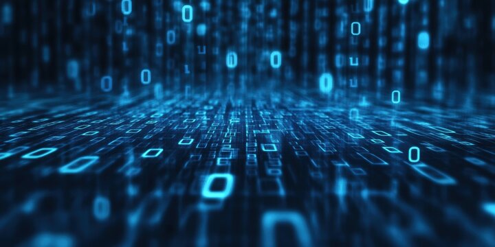 A close-up of digital binary code with glowing blue numbers, symbolizing data and technology