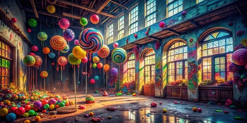 Fototapeta premium Festive Urban Exploration: Abandoned Building with Lollipops