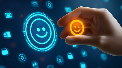 Optimistic Tech Hand Holding Positive Feedback Icon on Business Network Background Achieving Success in Digital Communication and Customer Satisfaction