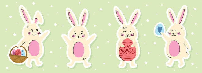 Cute Easter bunny sticker. Collection of icon in cartoon style. Vector illustration