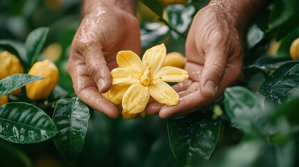 Farmer holding vanilla flower and taking care of plants
