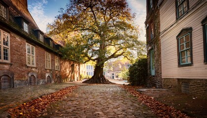 a majestic tree with sprawling roots stands between charming buildings creating a serene and enchanting pathway adorned with fallen leaves