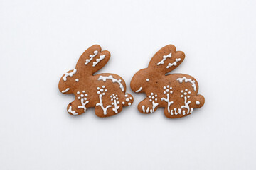 Romantic decorated Easter gingerbread cookies on a white background