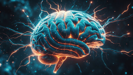 Fototapeta premium Neural connections illuminated in a vibrant digital representation of the human brain