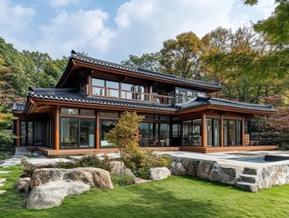 Obraz premium A beautiful modern house with a distinct oriental style design