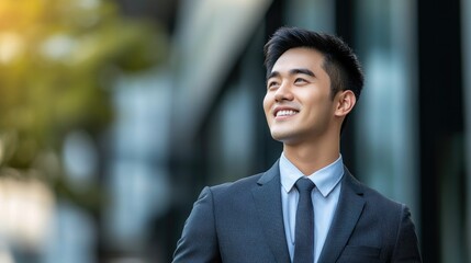 Smiling Asian businessman dressed in suit gazing upwards outside