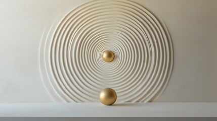Obraz premium Circular golden balls aligned with concentric textured ripples, creating a minimalist and modern abstract design on a neutral background.