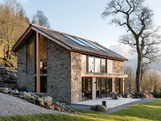 A modern stone house with large windows and a tree
