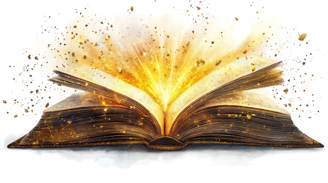 An open book with golden leaves and flashes of light, a symbol of knowledge and inspiration. Isolated on a transparent background. high resolution PNG file