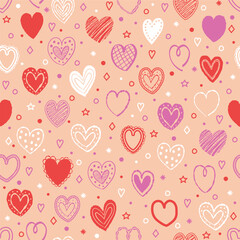 Seamless pattern with hand drawn hearts. Background with elements in cartoon style. Doodles. Design for Valentine’s Day, Mother’s Day and Women’s Day. Vector illustration