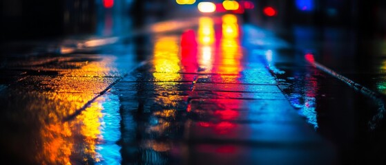 Vibrant city lights reflect on wet pavements, casting colorful patterns and creating a dreamy urban landscape after the rain.