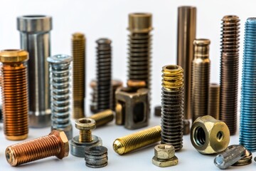 Collection of various types of fasteners with contrasting colors and textures on a neutral background