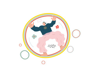 Life Unframed: Bubble -modern flat vector concept illustration of a man flying in the giant bubble. Metaphor of unpredictability, imagination, whimsy, cycle of existence, play, growth and discovery