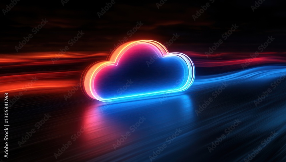 Poster glowing neon cloud icon on a dynamic background with vibrant colors reflecting in motion for digital