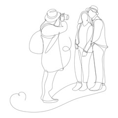 Tourist couple having their picture taken by a passerby. Continuous line illustration on white background