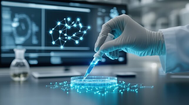 Innovative experimentation in high-tech laboratory science hub digital artwork futuristic environment close-up view scientific discovery