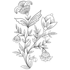 A floral composition in a folk style drawn in outline