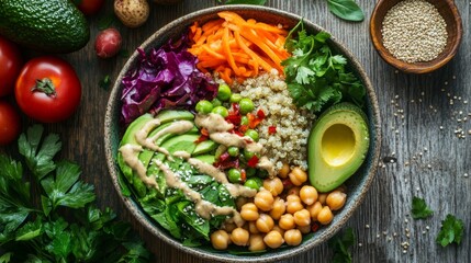 A colorful bowl of quinoa, chickpeas, avocado, and leafy greens drizzled with tahini sauce, surrounded by fresh vegetables and herbs, in a vibrant, rustic kitchen setting