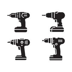 Black and white icons, power tools, electric drill silhouettes, logo vector 